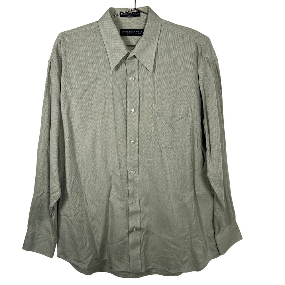 Oscar de la Renta Mens Sage Green Herringbone‎ Cotton Button Down Shirt 17 34/35